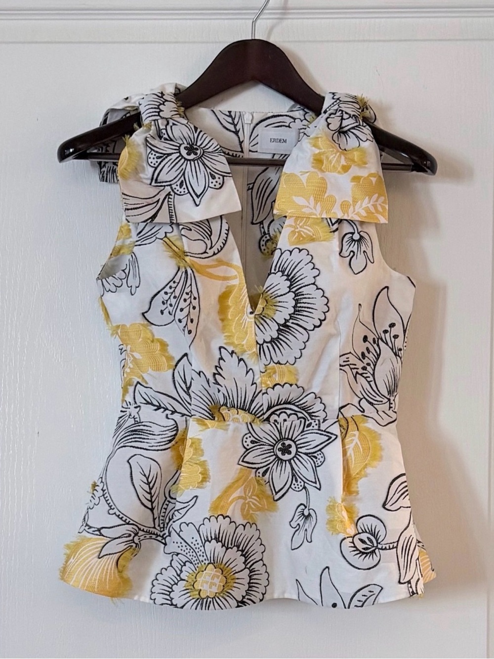 ERDEM White, Yellow & Black Floral Sleeveless Peplum Top